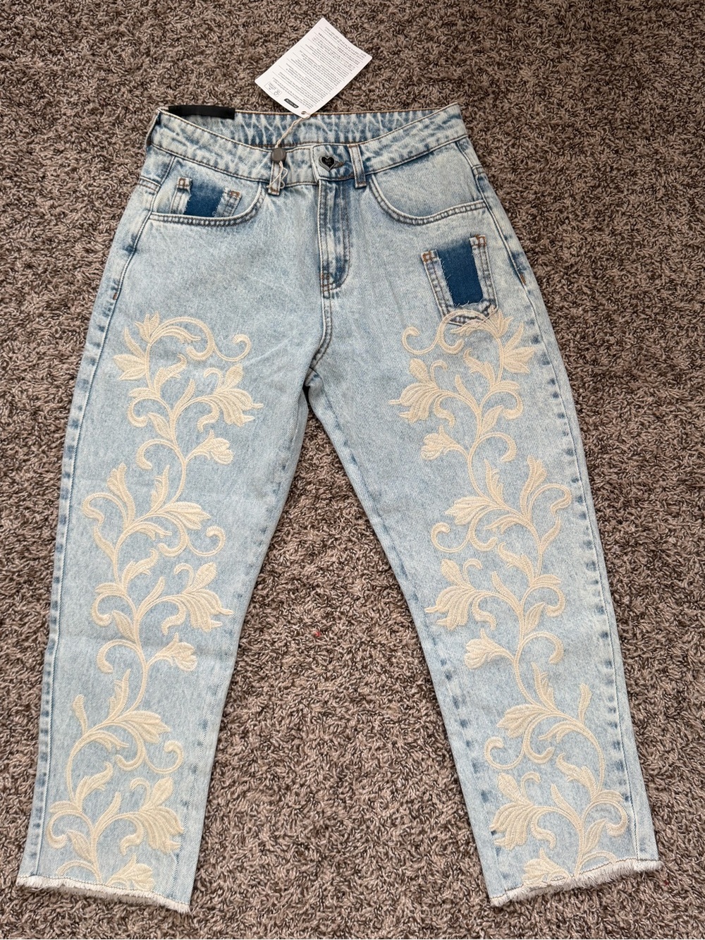 Embroidered Light Blue Crop Jeans